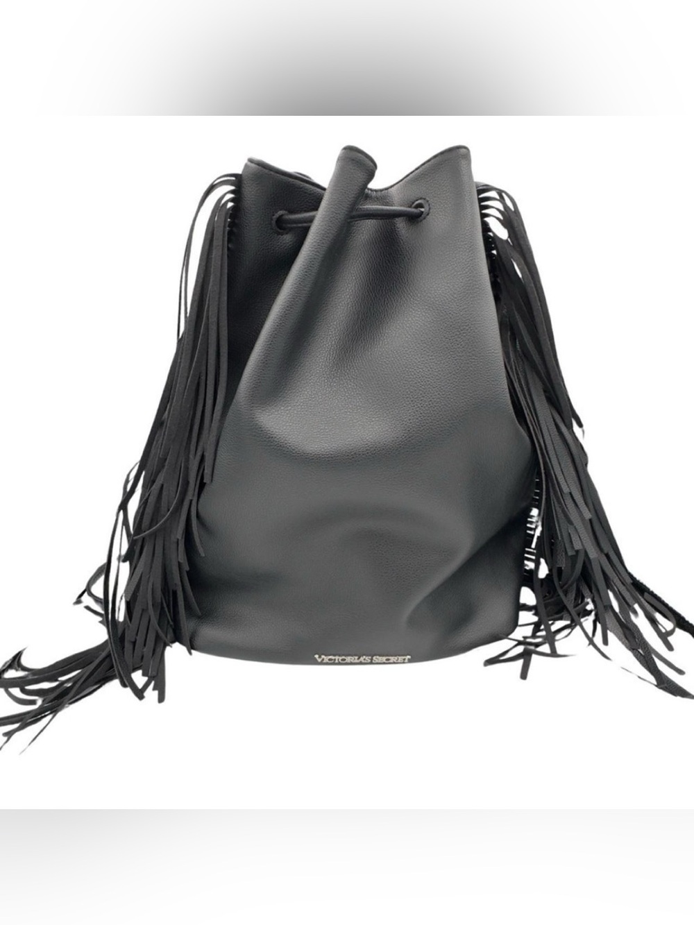 Victoria’s Secret Fringe Backpack with Drawstring Closure Black Faux Leather